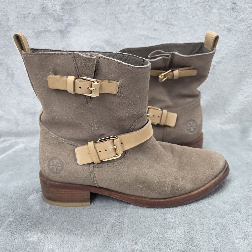Tory Burch Boots Women's Size 8M Bennie Taupe Suede Leather Short Buckle